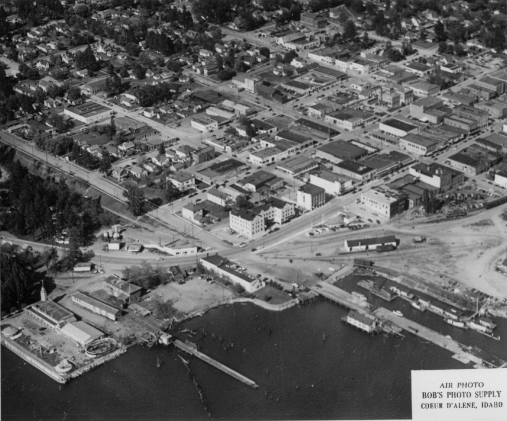 Black and white aerial image of downtown